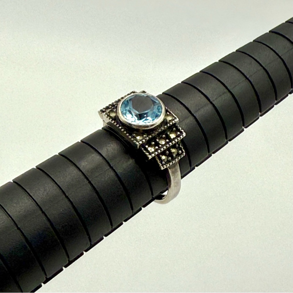 Vintage Judith Jack Sterling Silver Blue Topaz Marcasite Ring - Size 6.75